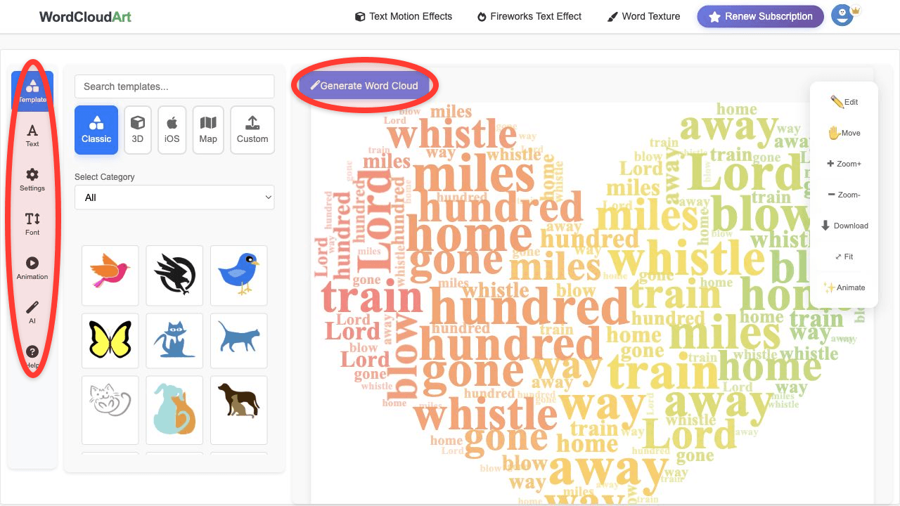 Wordcloud.art editor for creating a word cloud before inserting it into Google Docs or Slides