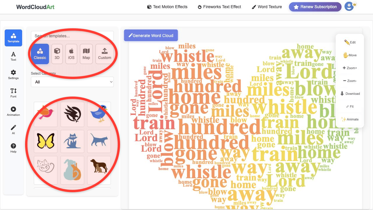 Template panel for customer feedback word cloud shape choices