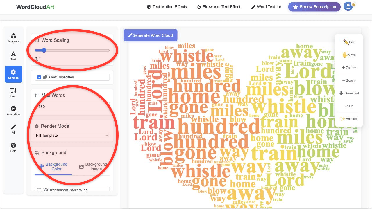 Settings panel for customer feedback word cloud layout