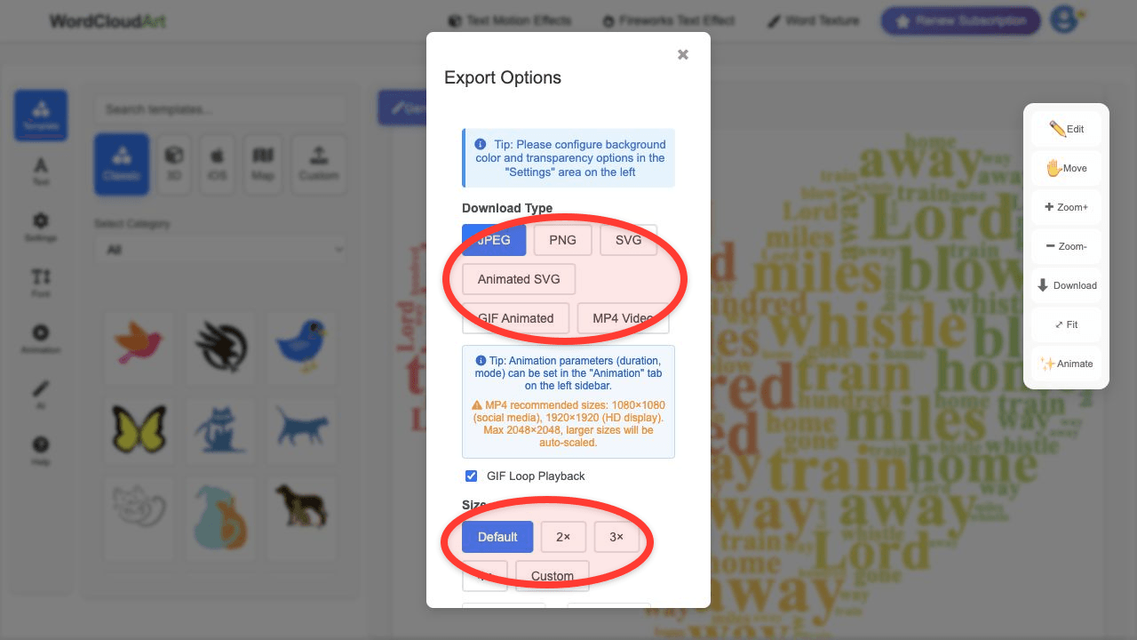 Export options for customer feedback word clouds
