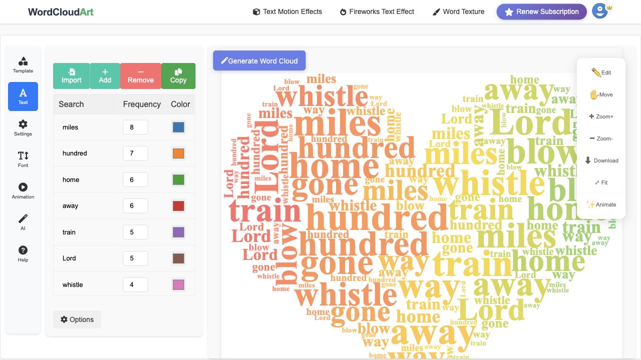 Text panel for preparing words before animated word cloud video export