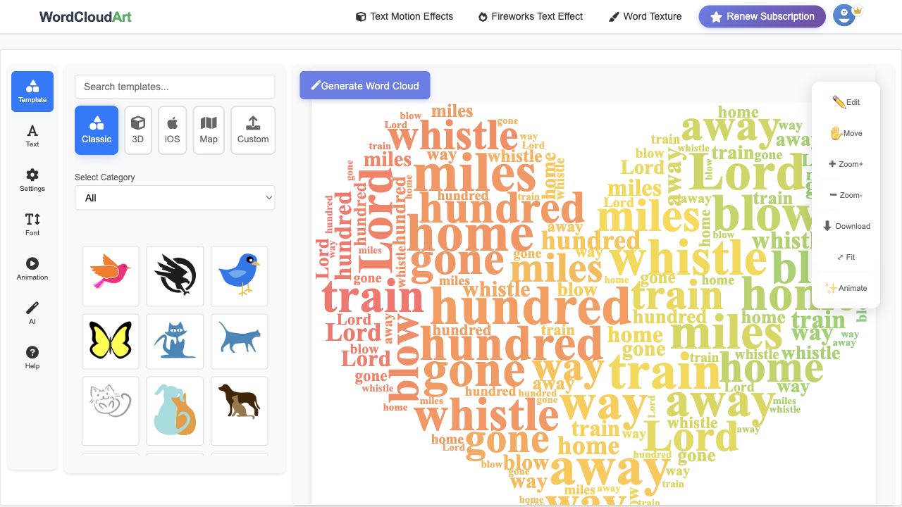 Template panel for choosing a word cloud shape before animation