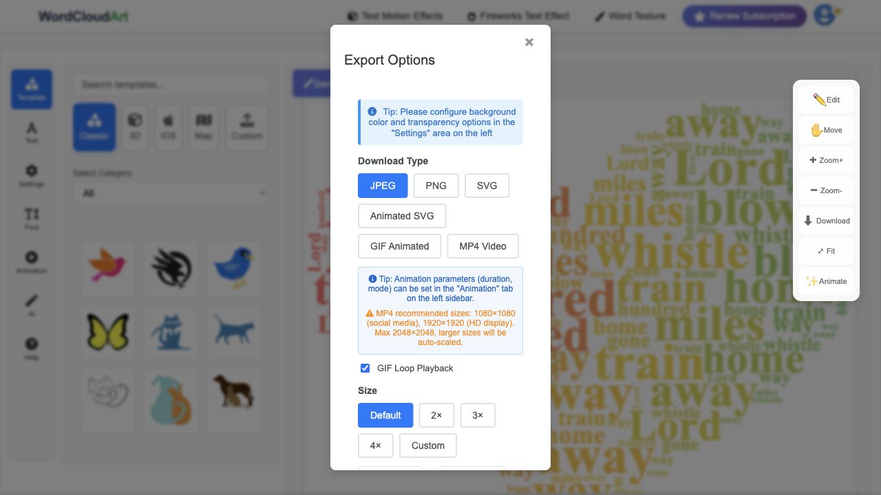 Export Options modal for downloading Animated SVG, GIF, and MP4 word cloud video