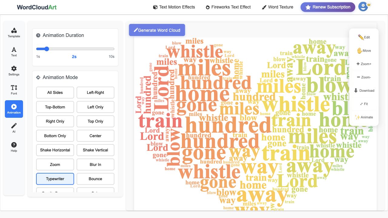 Animation panel with duration and motion mode controls for animated word clouds